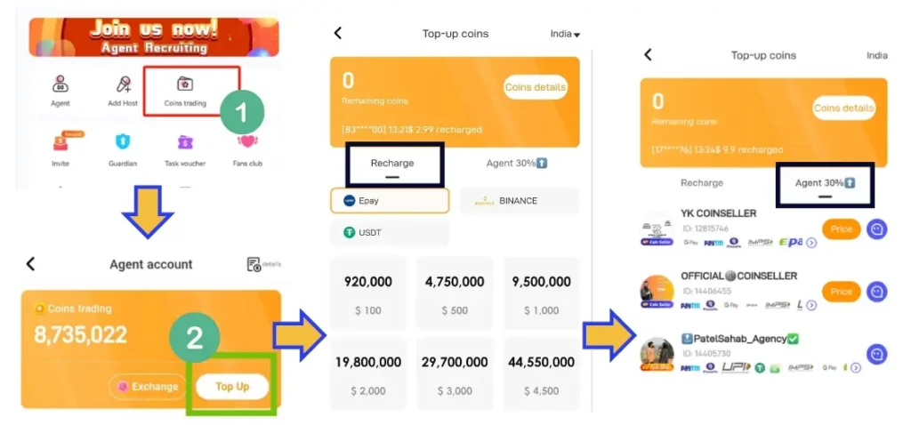 coin recharge in mimi live